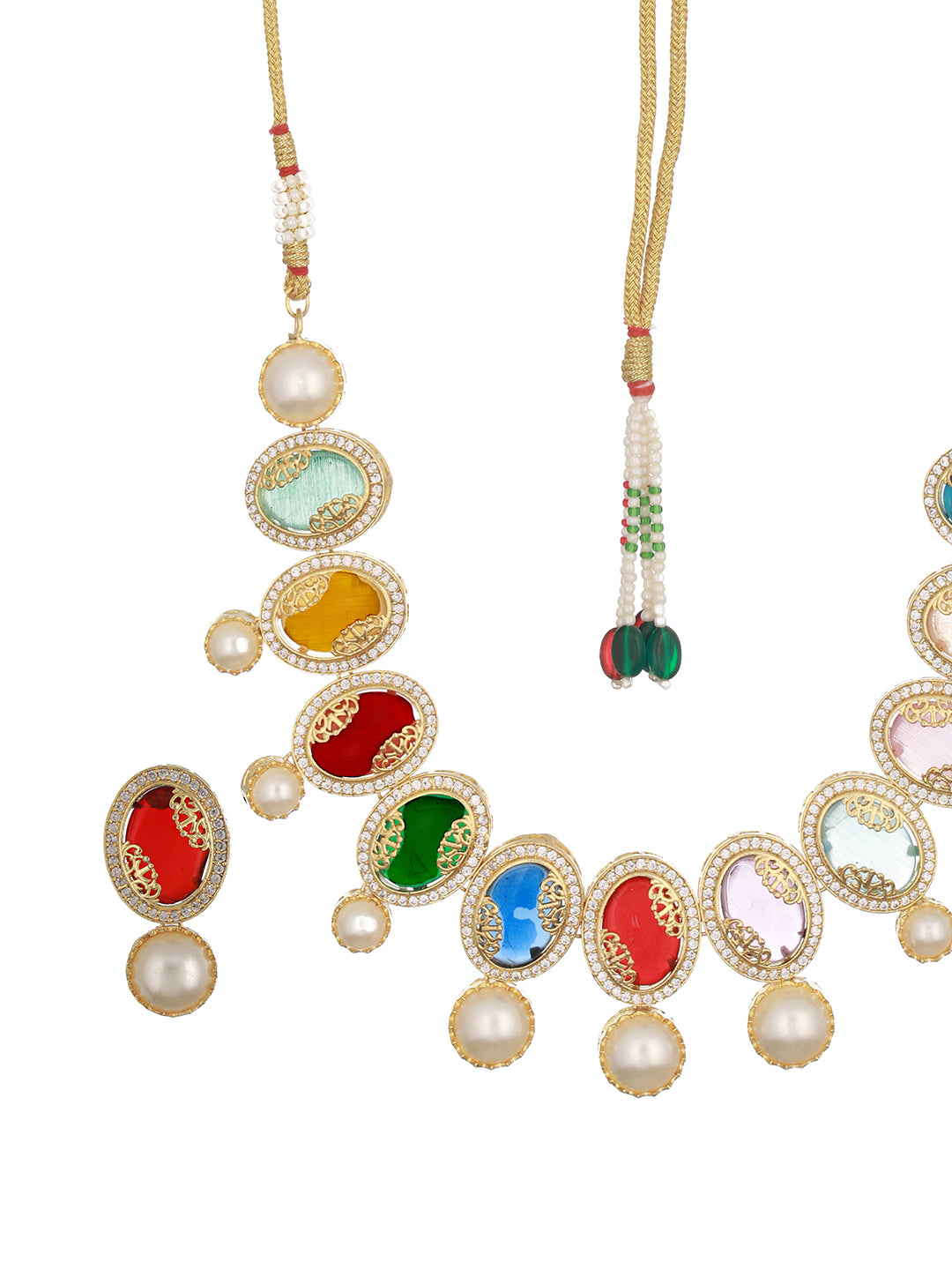 Gold Plated Nav Ratan Kundan & Pearl Beaded Statement  Choker Jewellery Set