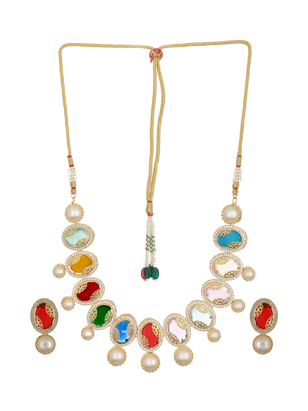 Gold Plated Nav Ratan Kundan & Pearl Beaded Statement  Choker Jewellery Set