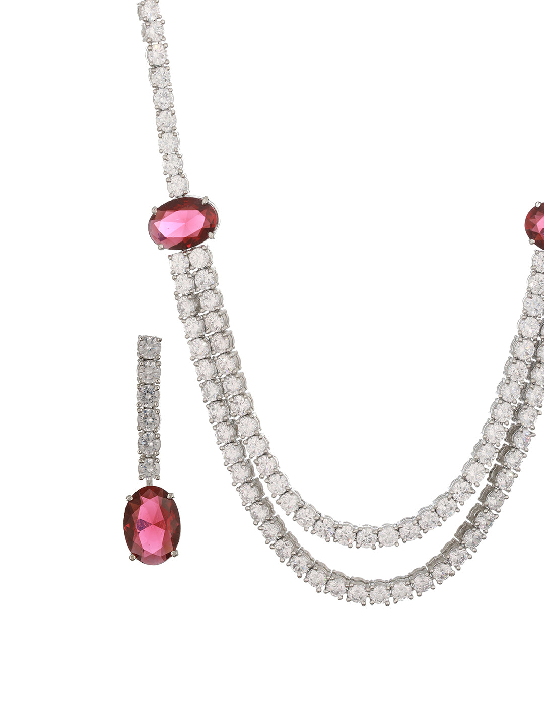 Silver Plated Red AD Studded Double Lined Statement Designer Necklace Jewellery Set