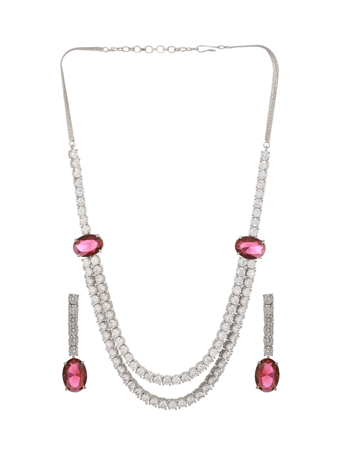 Silver Plated Red AD Studded Double Lined Statement Designer Necklace Jewellery Set