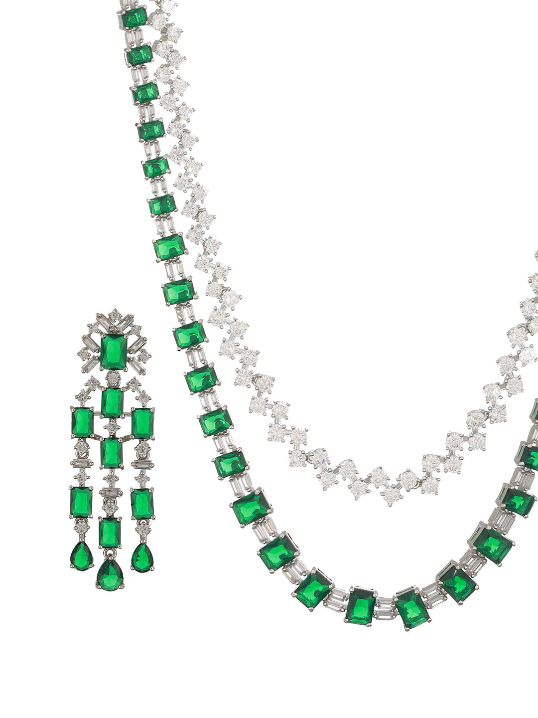 Silver Plated Emerald Green Double Lined Luxe Statement Bridal Jewellery Set