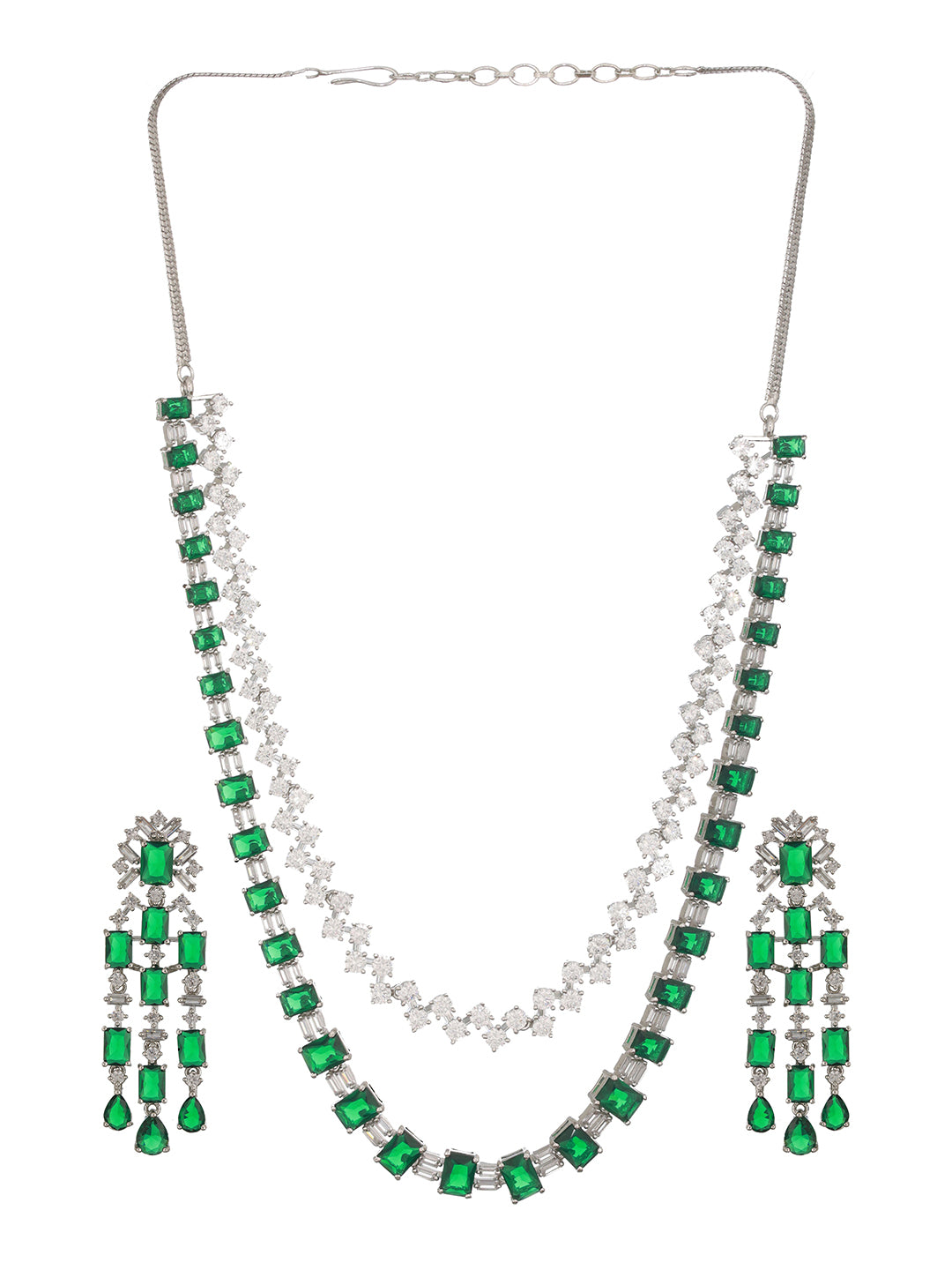 Silver Plated Emerald Green Double Lined Luxe Statement Bridal Jewellery Set