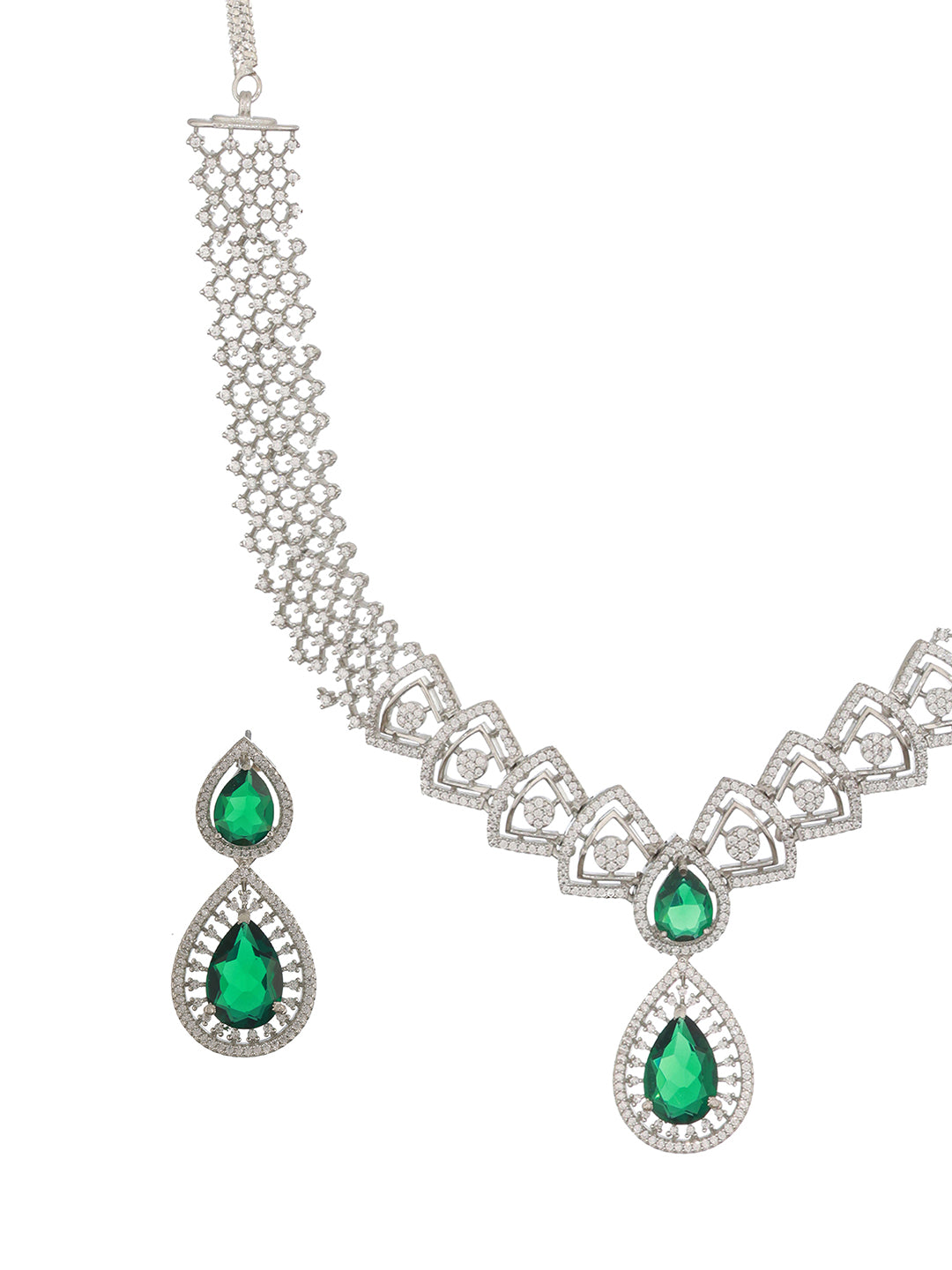 Silver Toned Green AD Studded Geometric Statement  Necklace Jewellery Set