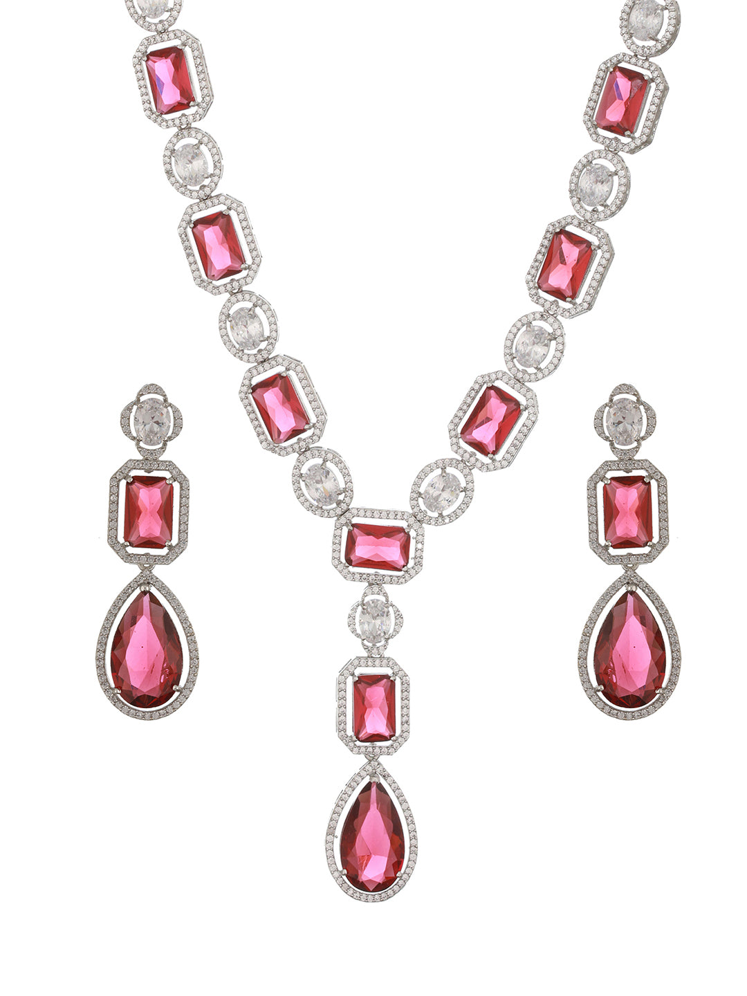 Silver Plated Red Ruby AD Studded Luxe Statement Designer Pendant Jewellery Set