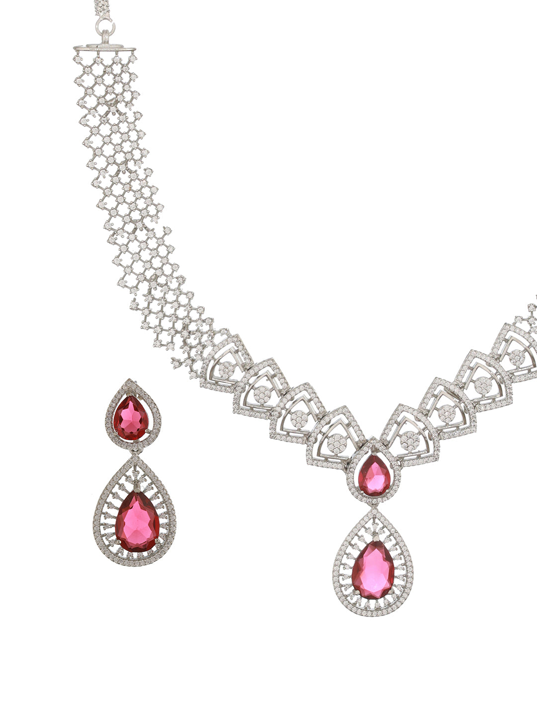 Silver Plated Red AD Studded Geometric Statement Necklace Jewellery  Set