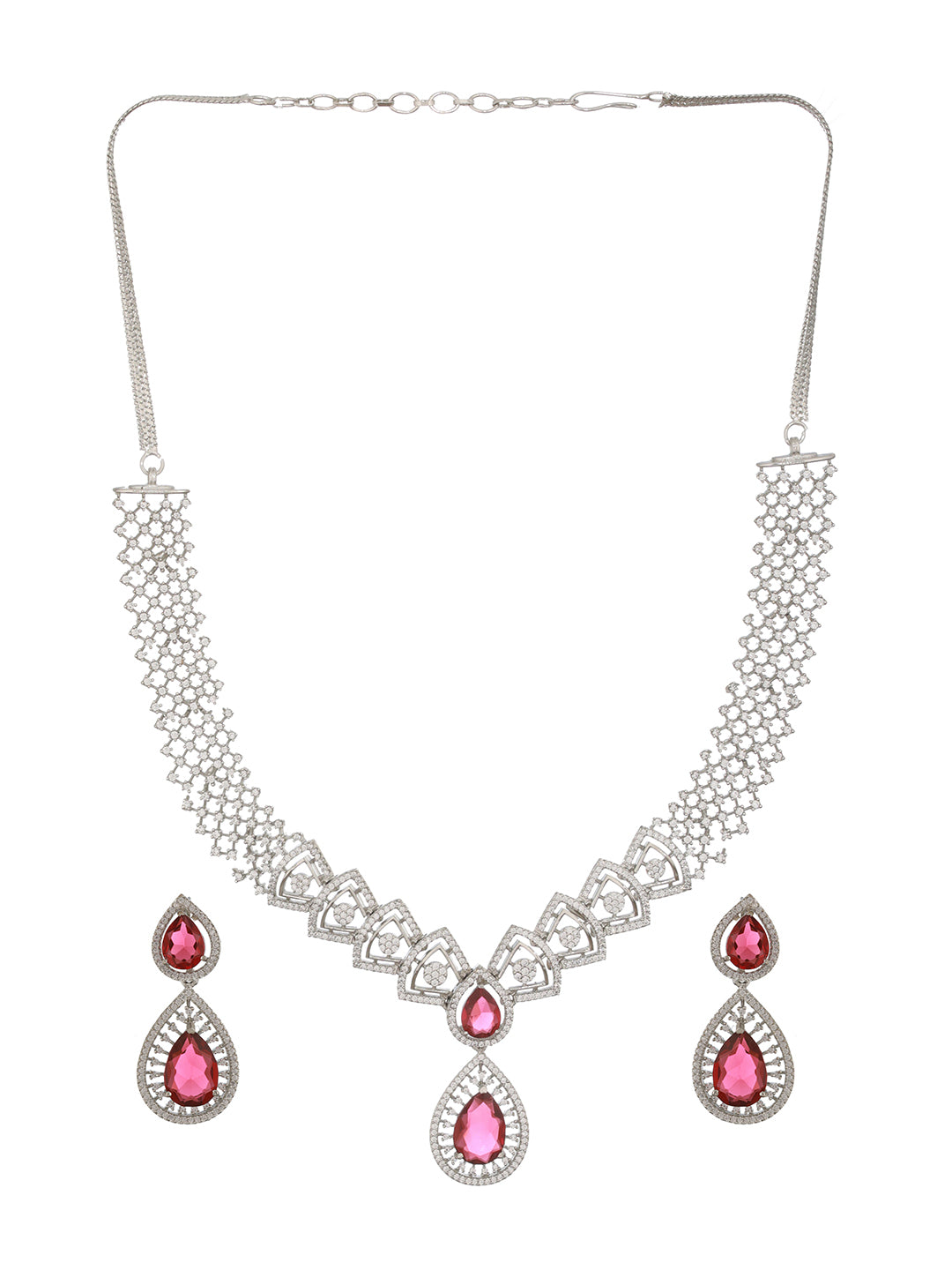 Silver Plated Red AD Studded Geometric Statement Necklace Jewellery  Set