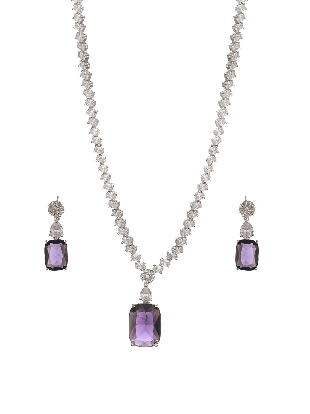 Silver Plated Amethyst Purple AD Long Single Line Statement Pendant Jewellery Set