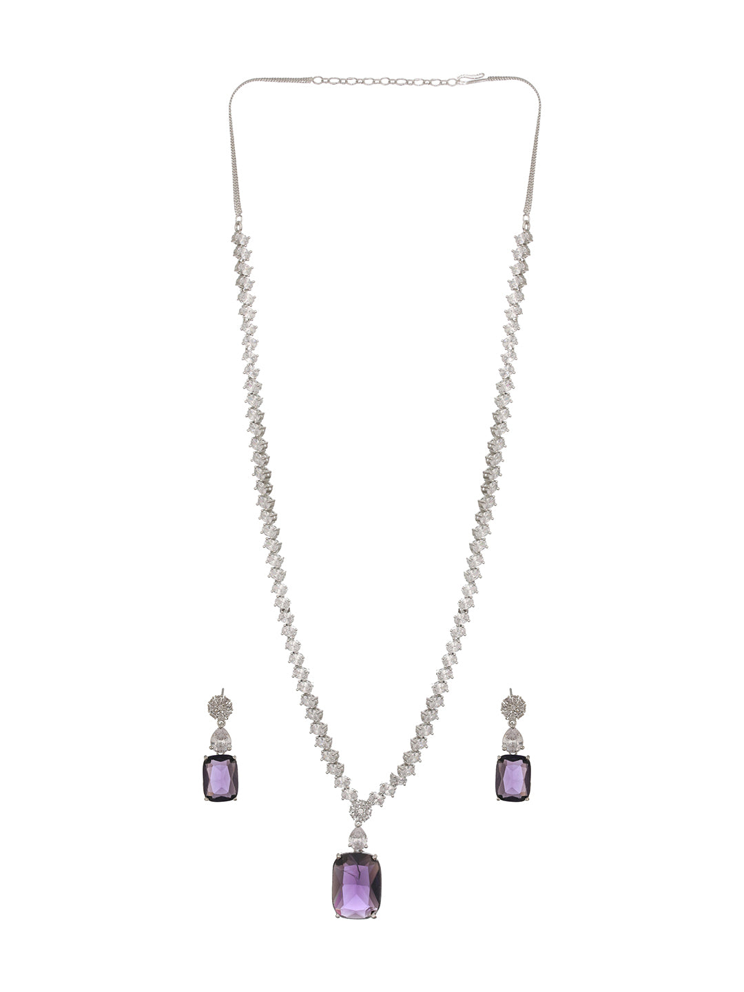 Silver Plated Amethyst Purple AD Long Single Line Statement Pendant Jewellery Set