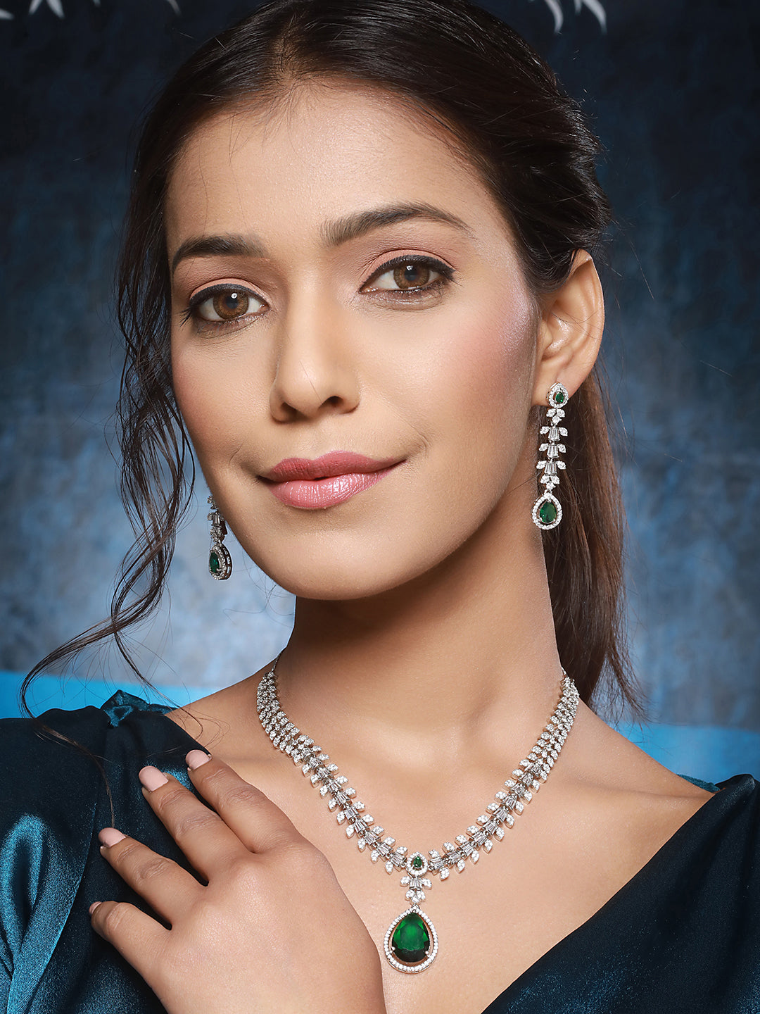 Rhodium Green Emerald Bagatte Zircon Studded Occasionwear Pendant Jewellery  Set