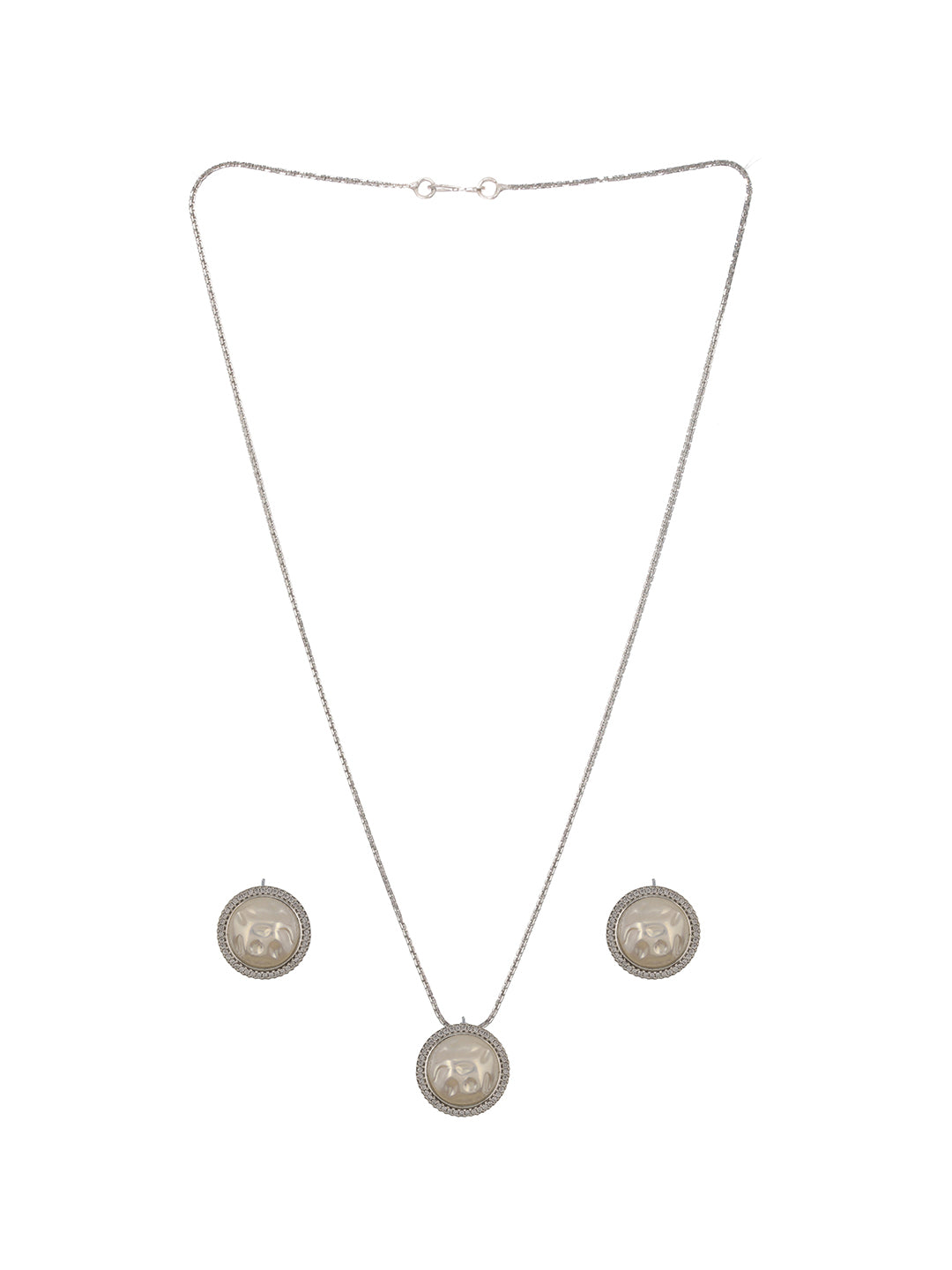 Silver Plated Natural Seawater  Round Pearl CZ Minimal  Locket Jewellery Set