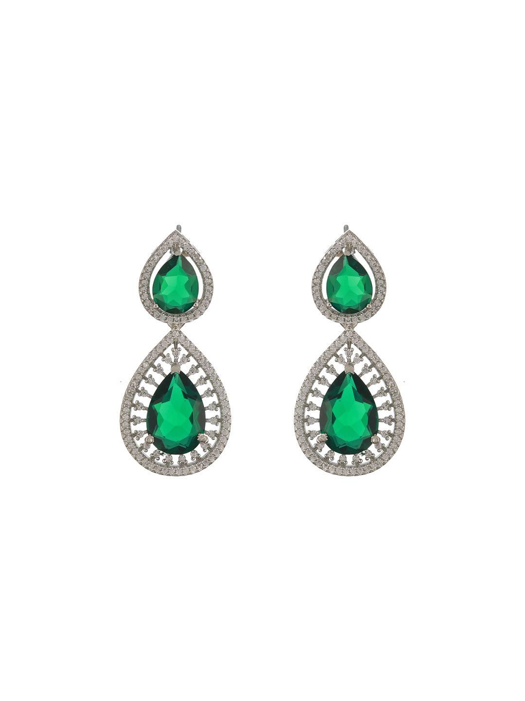 Silver Toned Green AD Studded Geometric Statement  Necklace Jewellery Set