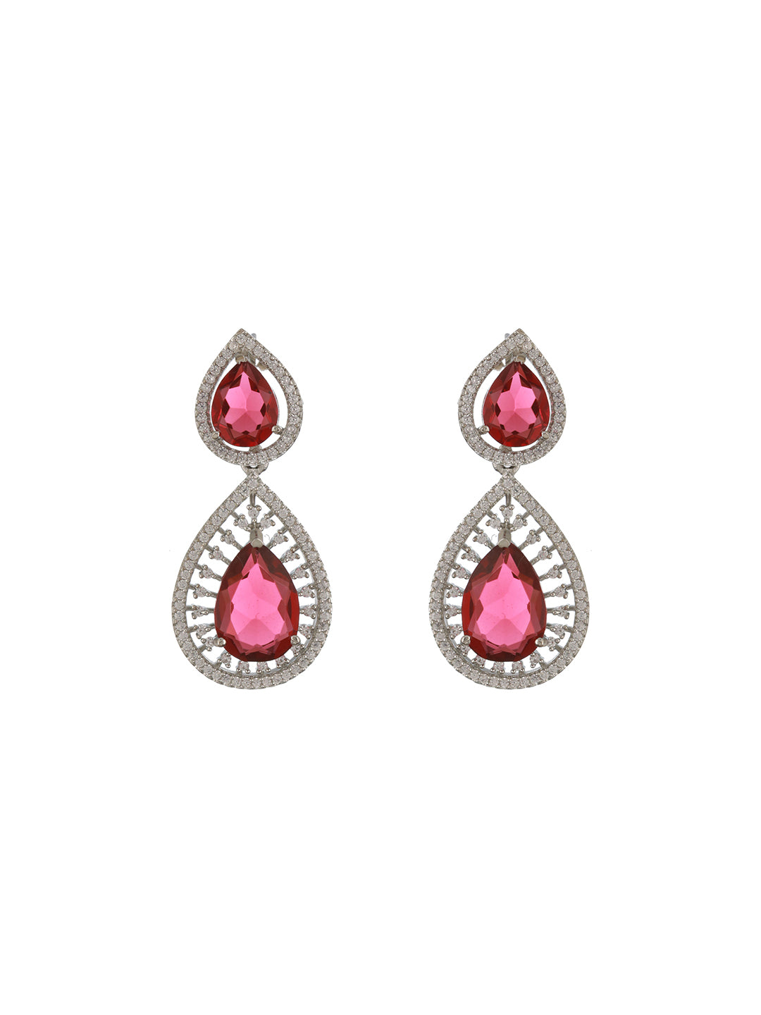 Silver Plated Red AD Studded Geometric Statement Necklace Jewellery  Set