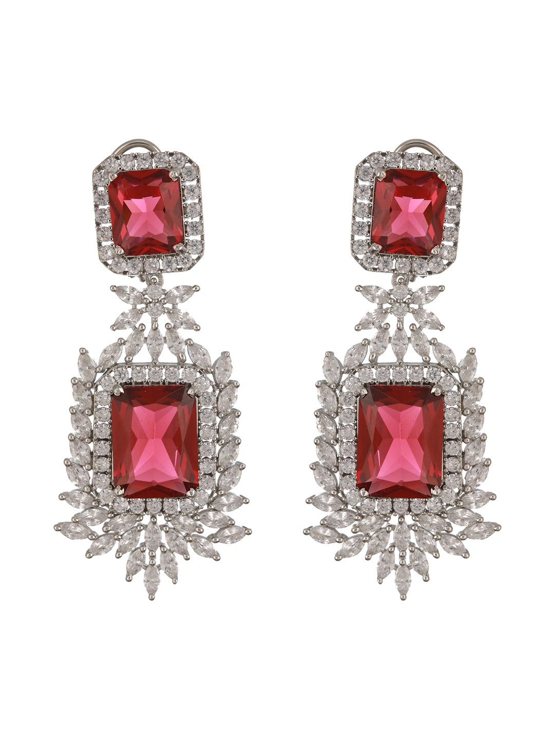 Silver Toned Red Zircon  Statement Dangler Clip Earrings
