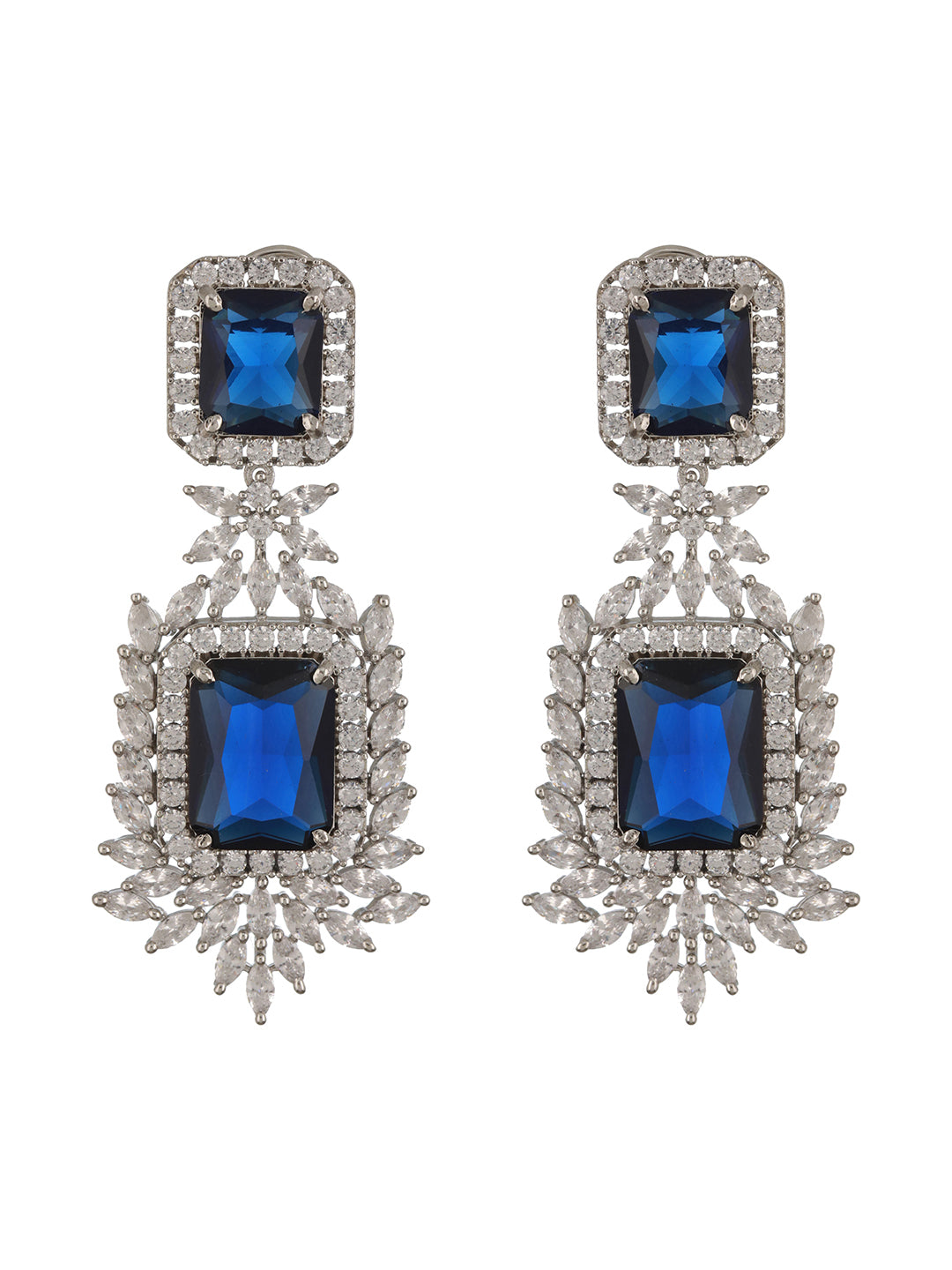 Silver Toned Sapphire Blue CZ Studded Luxe Designer Dropdown Clip Earrings