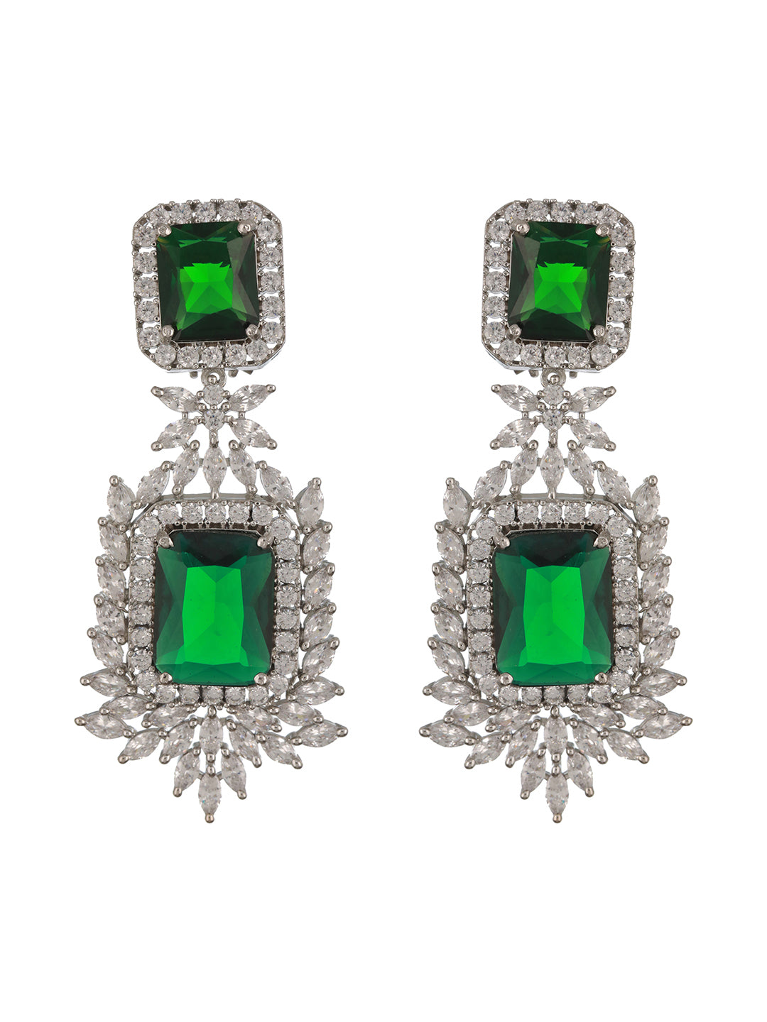 Silver Toned Green Emarald AD Studded Luxe Statement Dangler Clip Earrings