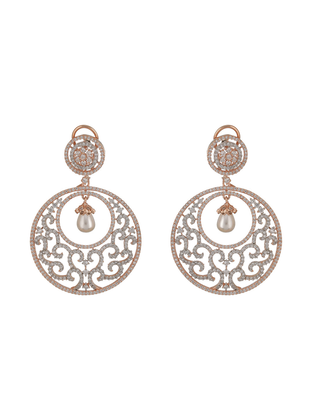 Rose Gold Cz Studded & Pearl Beaded Statement Modern Chandbali Clip Earrings
