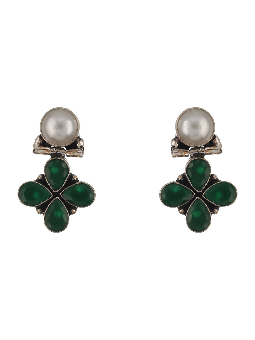 Silver Oxidised Green Stone & Pearl Drop Minimal Earrings