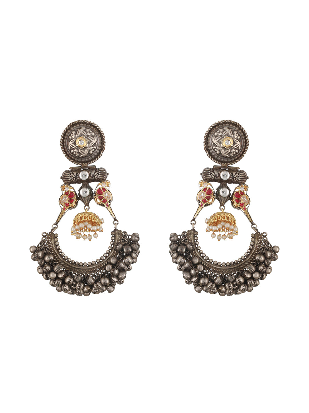 Silver Oxidised Kundan Studded Fusion Large  Chandbali  Earrings