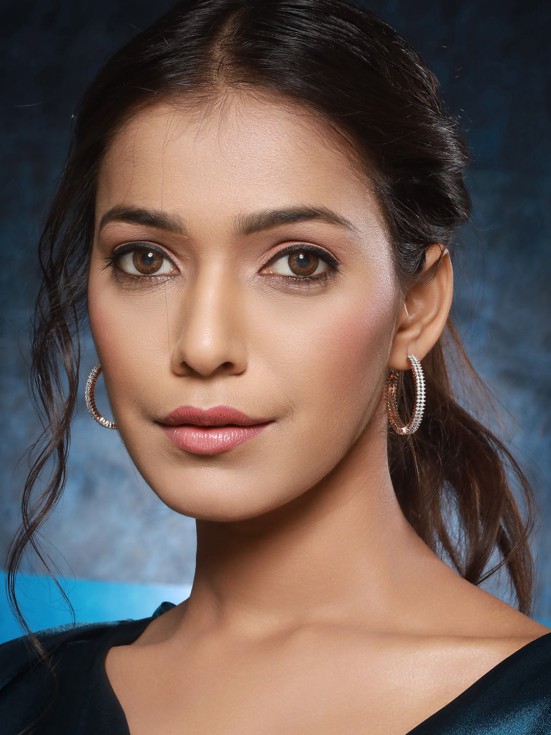 Rose Gold Plated Zircon Studded Minimal Hoop Earrings