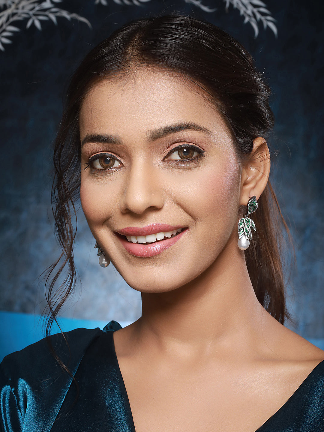 Silver Toned Green AD & Pearl Beaded Luxe Designer Drop Earring