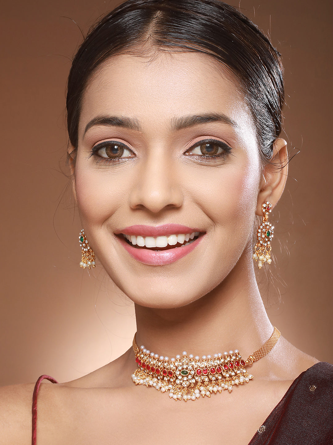 Gold Plated Jadau Studded Pearl Beaded Multicoloured Delicate Chain Choker Jewellery  Set