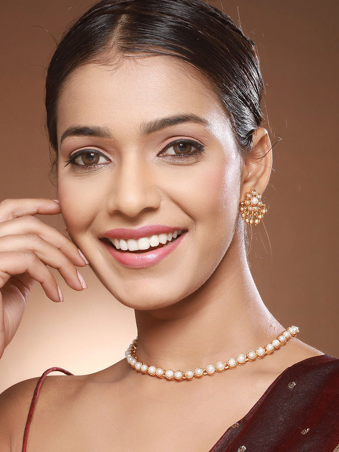 Gold Plated Pearl Beaded Minimal Dailywear  Necklace Jewellery  Set