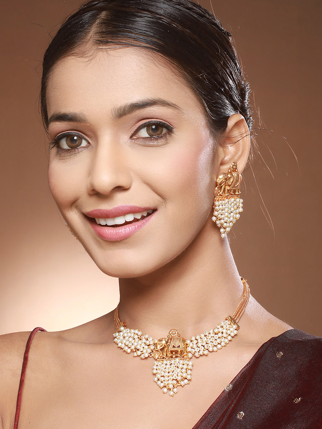 Gold Plated Elephant Motif Pearl Beaded Designer Earrings  Necklace Jewellery Set