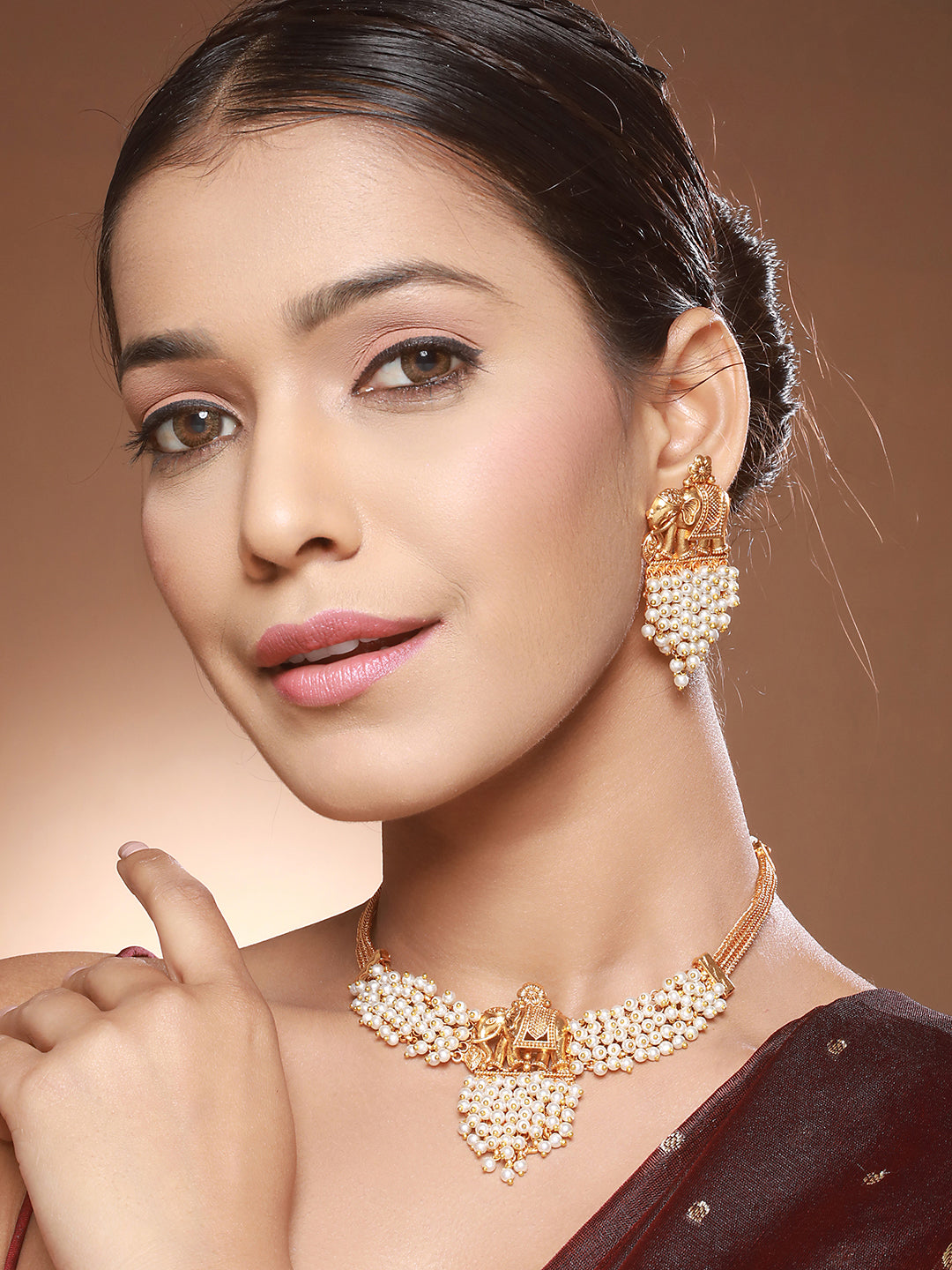 Gold Plated Elephant Motif Pearl Beaded Designer Earrings  Necklace Jewellery Set