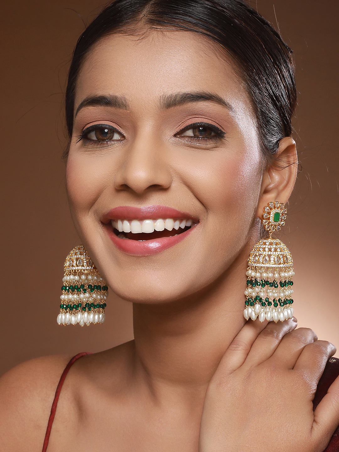 Gold Plated Green Zircon Pearl Beaded Contemporary Jhumka Earrings