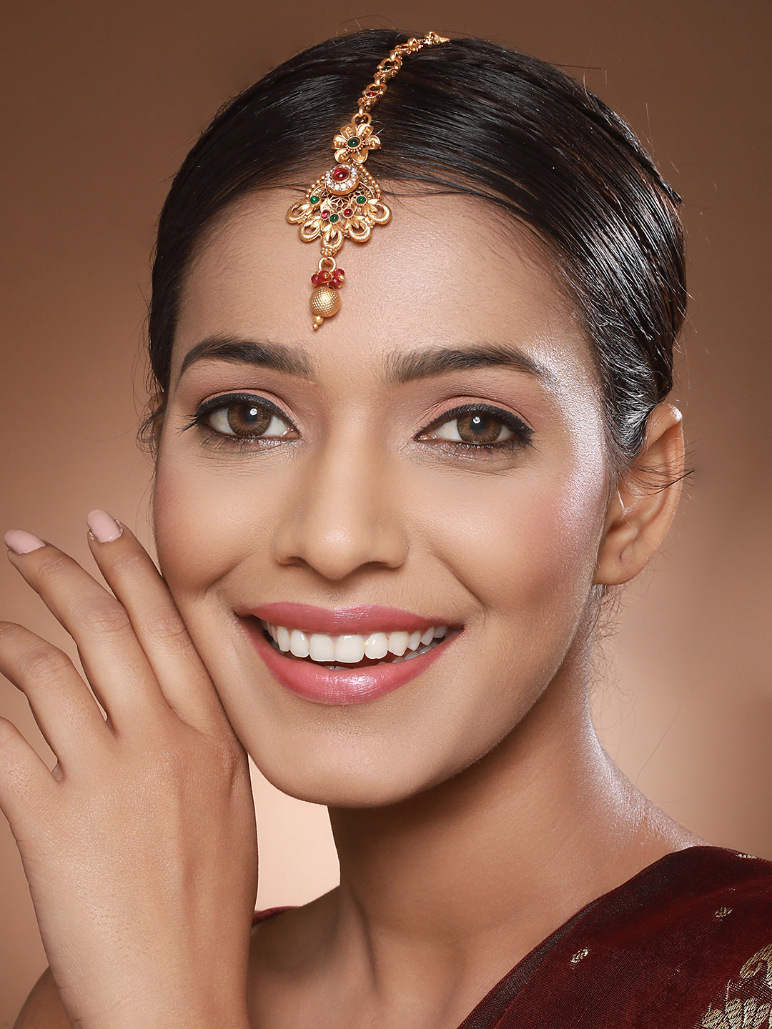 Gold Plated Red & Green Stones Delicate Floral Mangtika