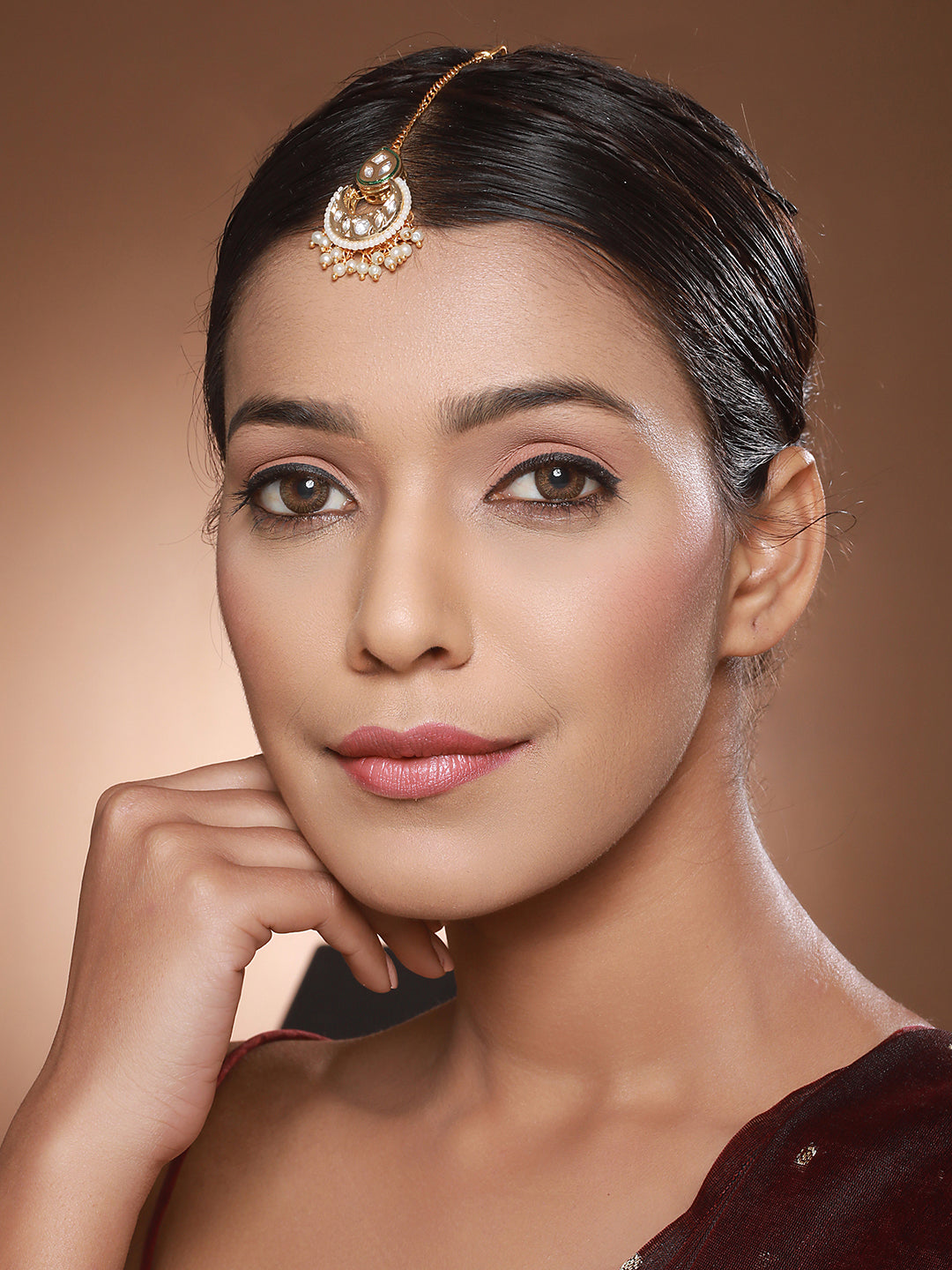 Gold Plated Panchi Kundan & Pearl Beaded Delicate Mangtika