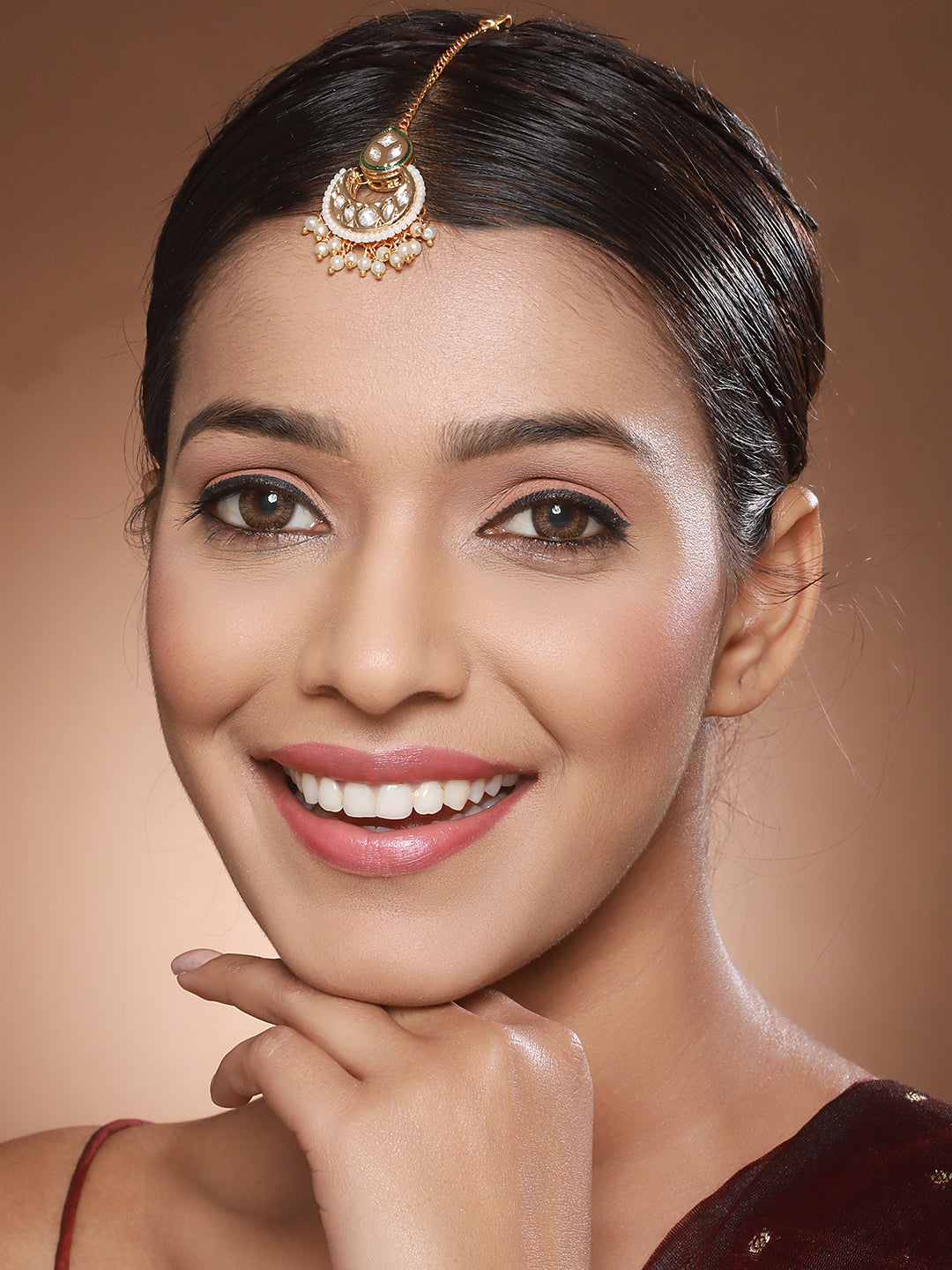 Gold Plated Panchi Kundan & Pearl Beaded Delicate Mangtika