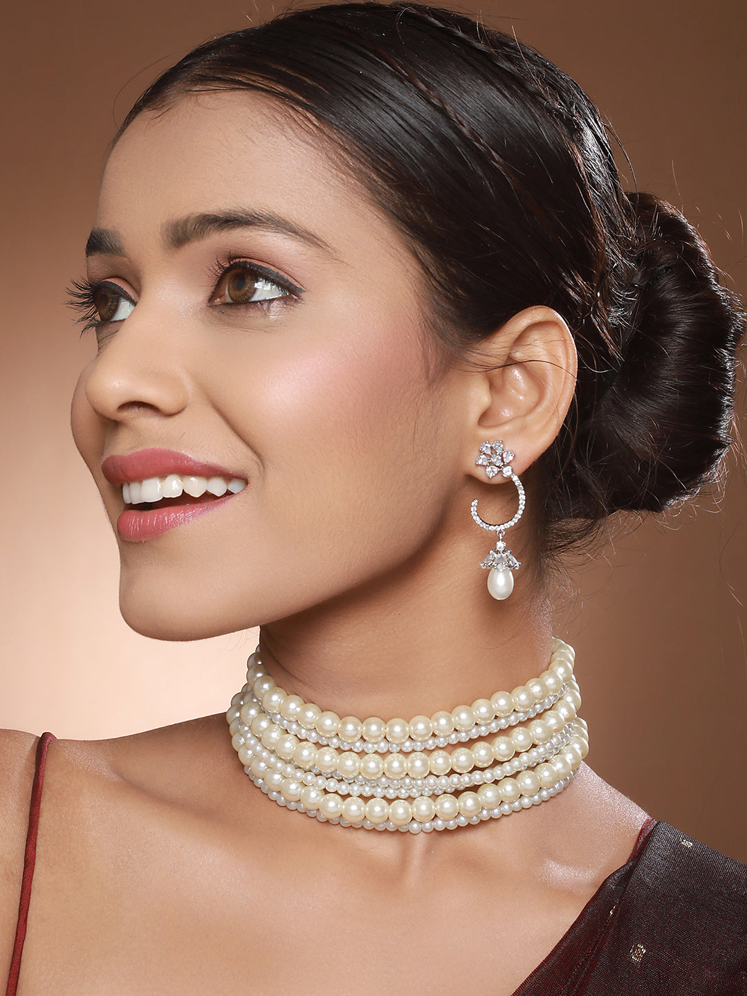 Pearl Beaded 7 Layered Minimal Luxe Choker with AD Earrings  Jewellery  Set