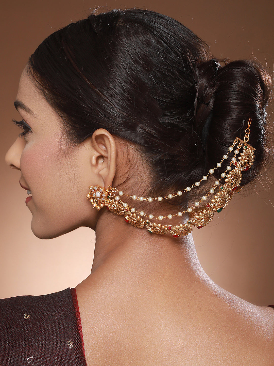 Gold Plated Multi Strand Layered Pearl Beaded Peacock Design Matil Ear Chain Earrings