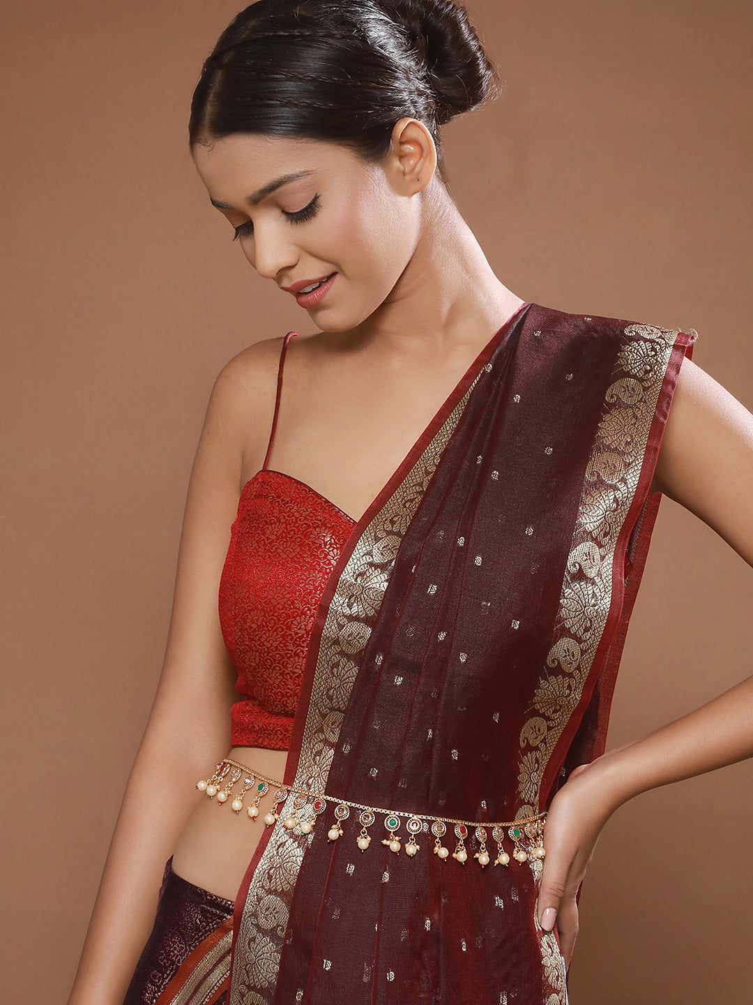 Gold Plated Multi colored Stones & Pearl Beaded Designer Hip Chain Kamarbandh