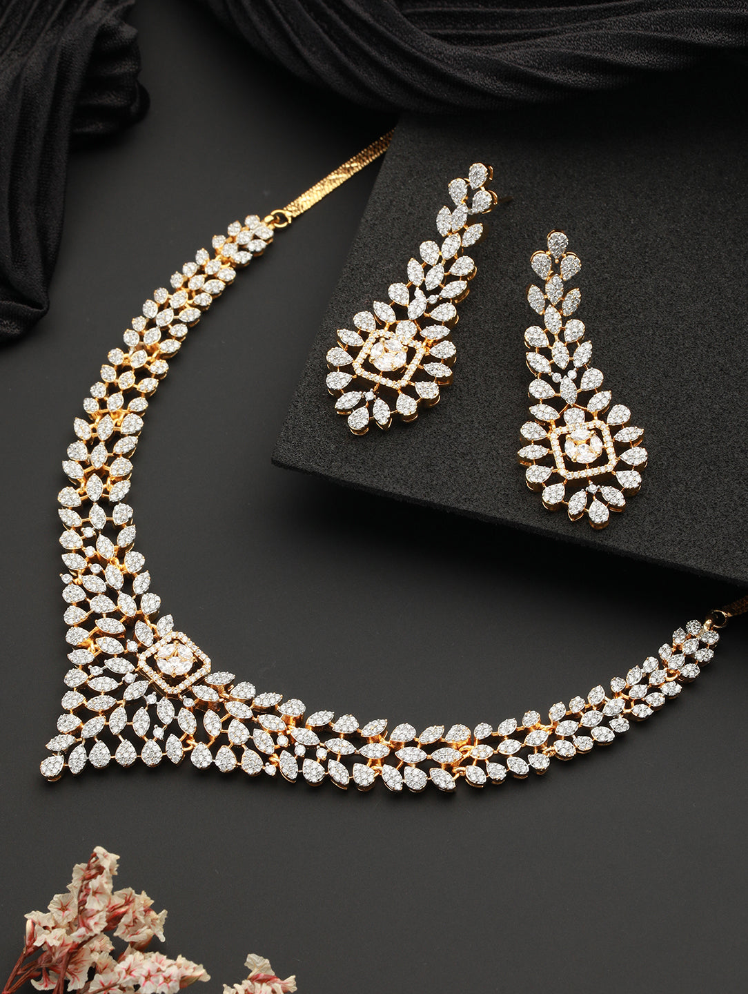 Gold Toned White CZ Studded designer Jewellery Set