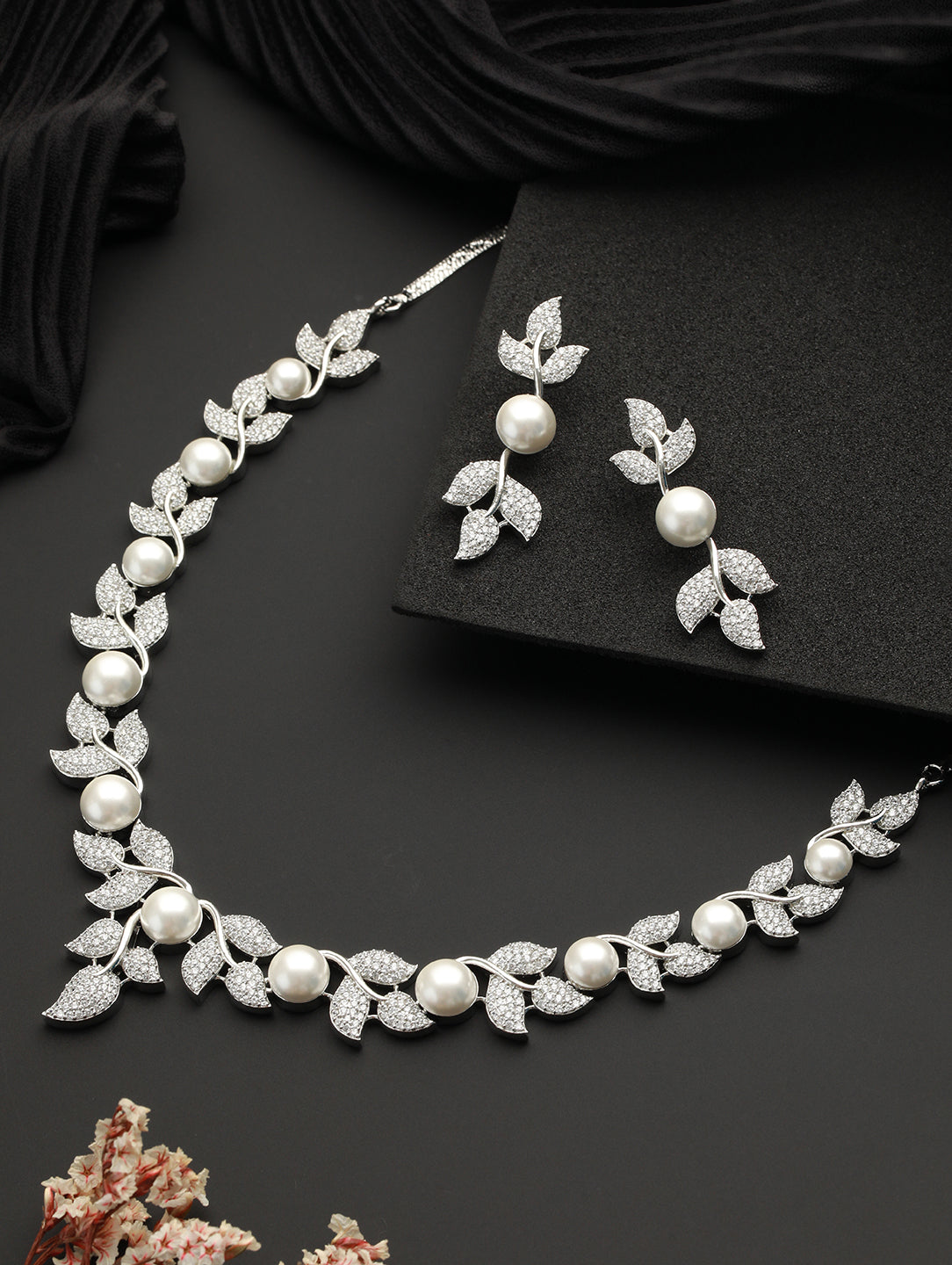 Silver Plated C Z Studded Pearl Floral Statement Jewellery Set