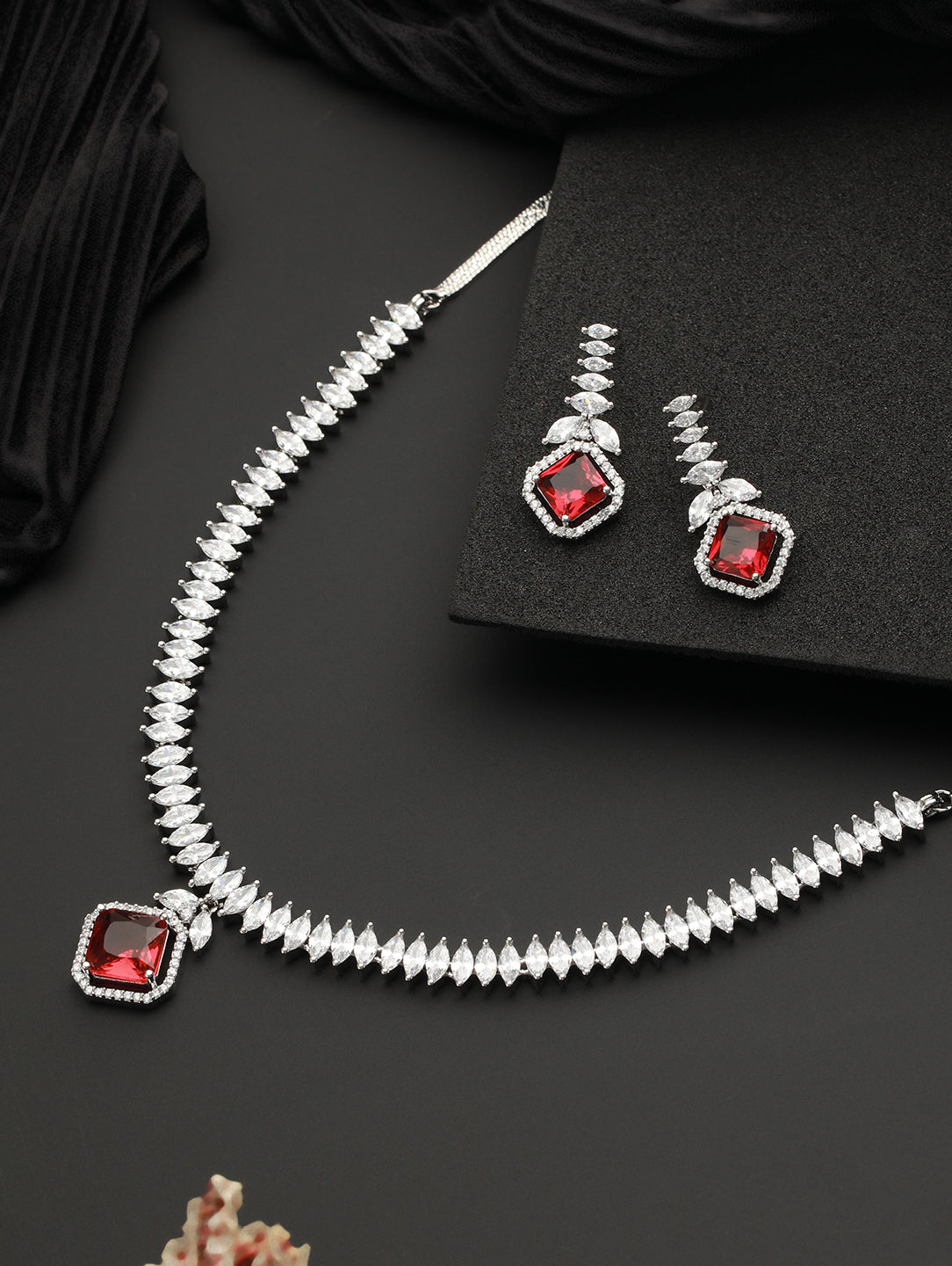 Silver Toned Red CZ Studded Minimal Designer jewellery Set