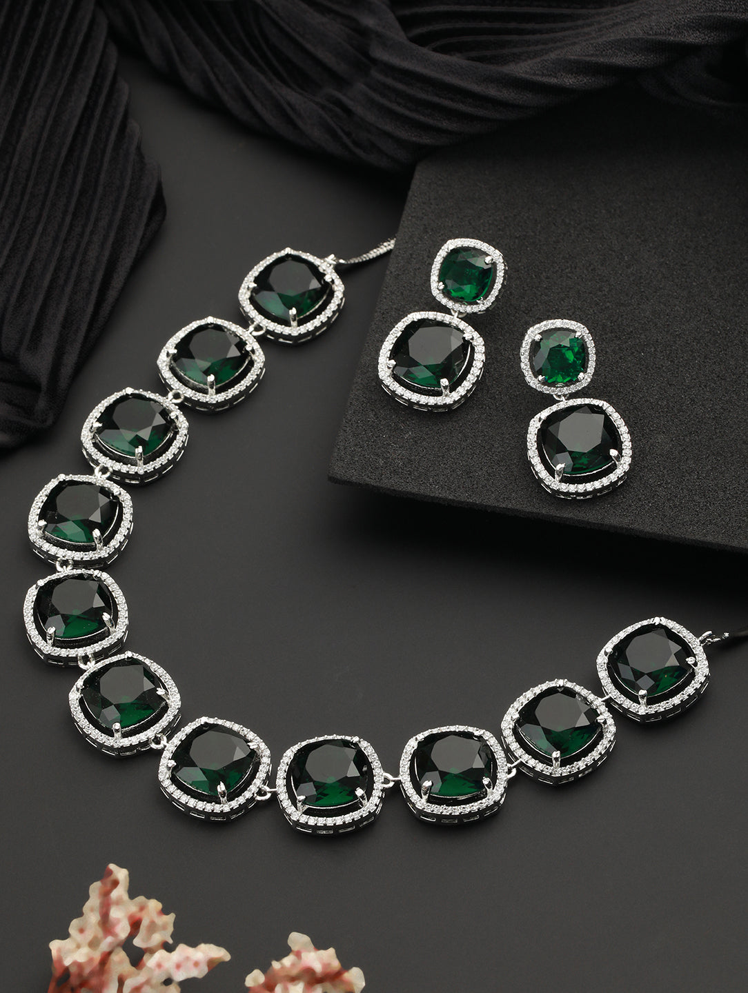 White Rhodium Plated Green CZ Studded Designer Jewellery Set