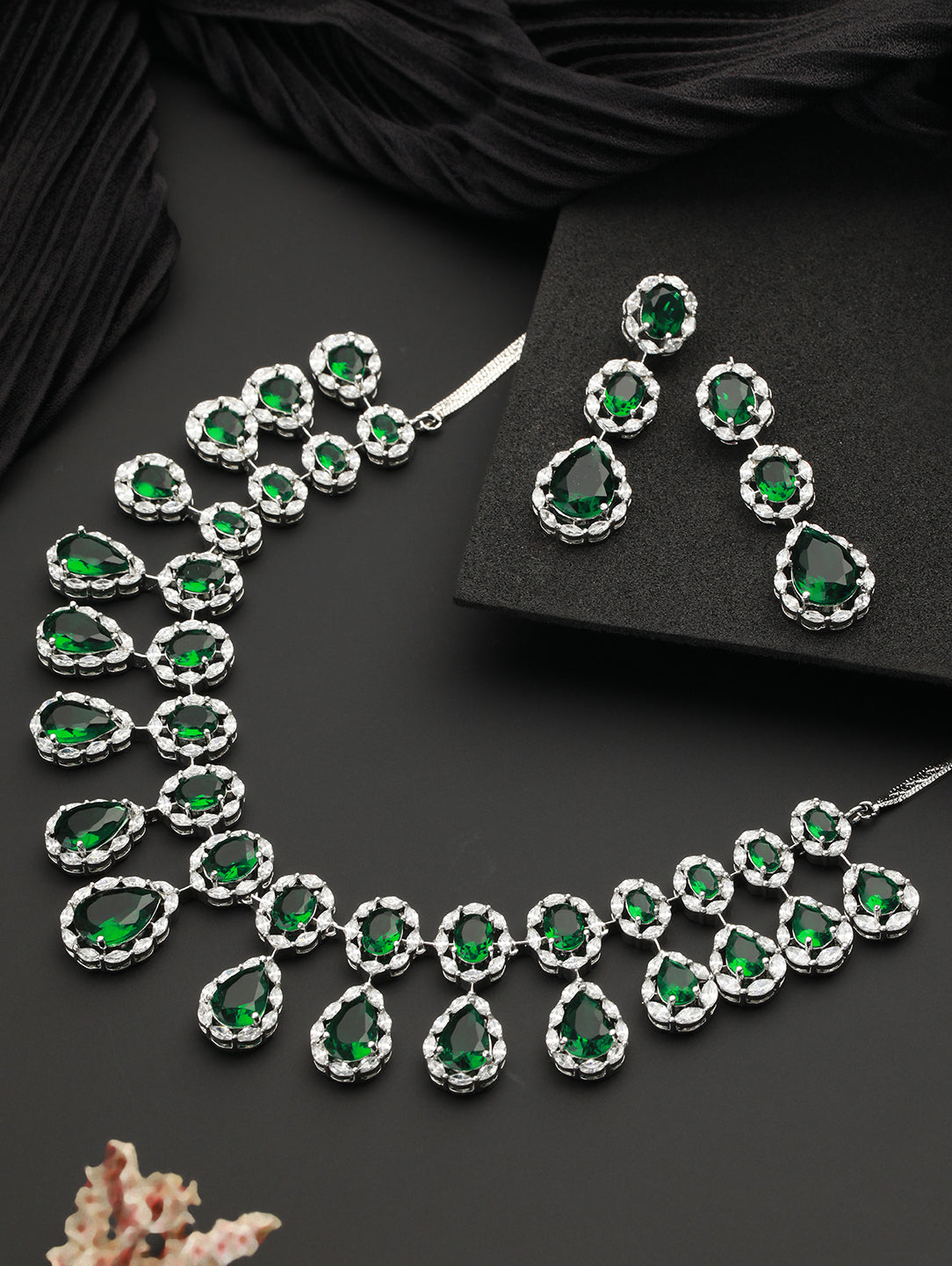 Silver Plated green CZ Studded Luxe Jewellery Set