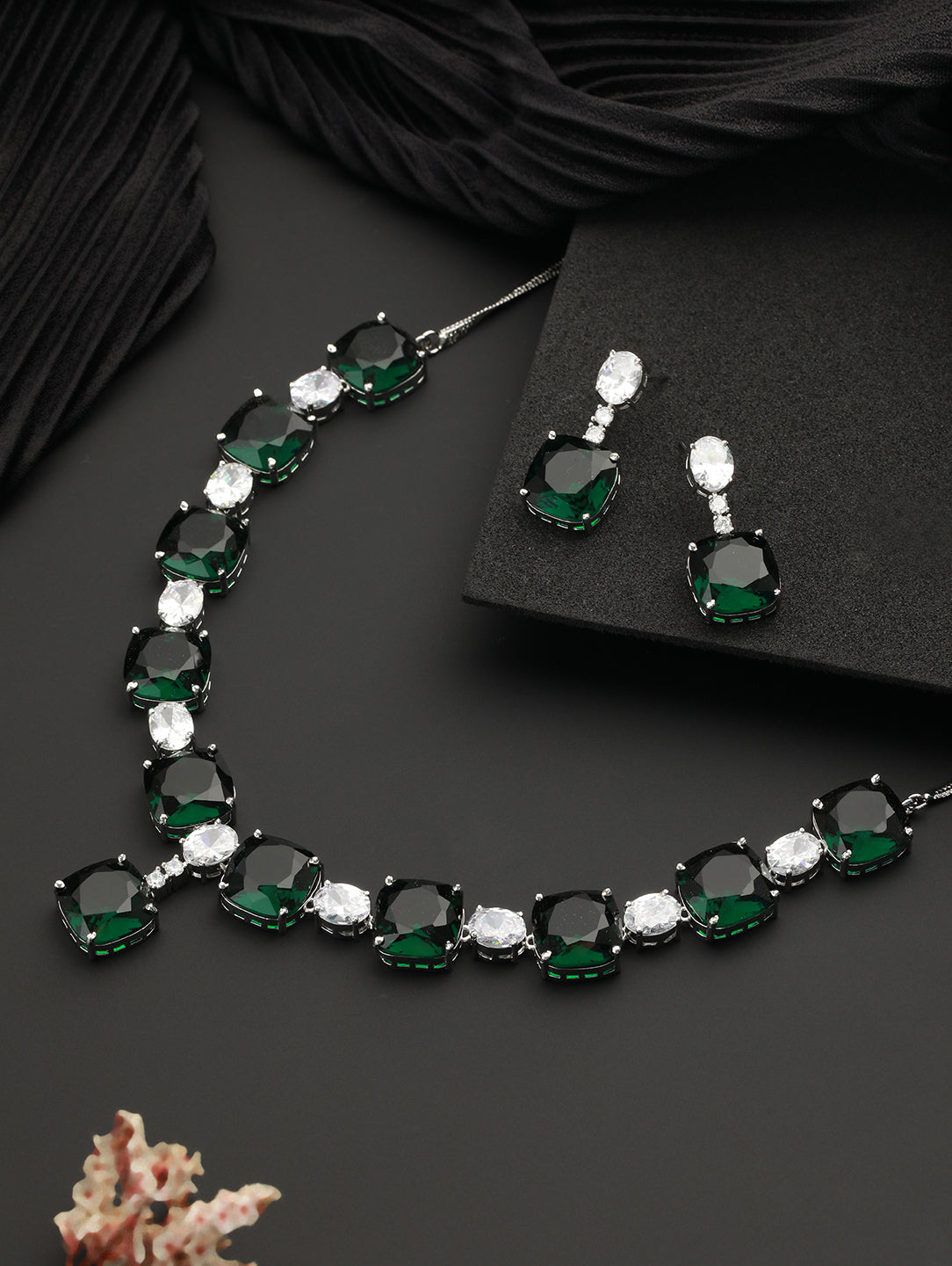 Silver Plated Green CZ Studded Luxe Designer Jewellery Set