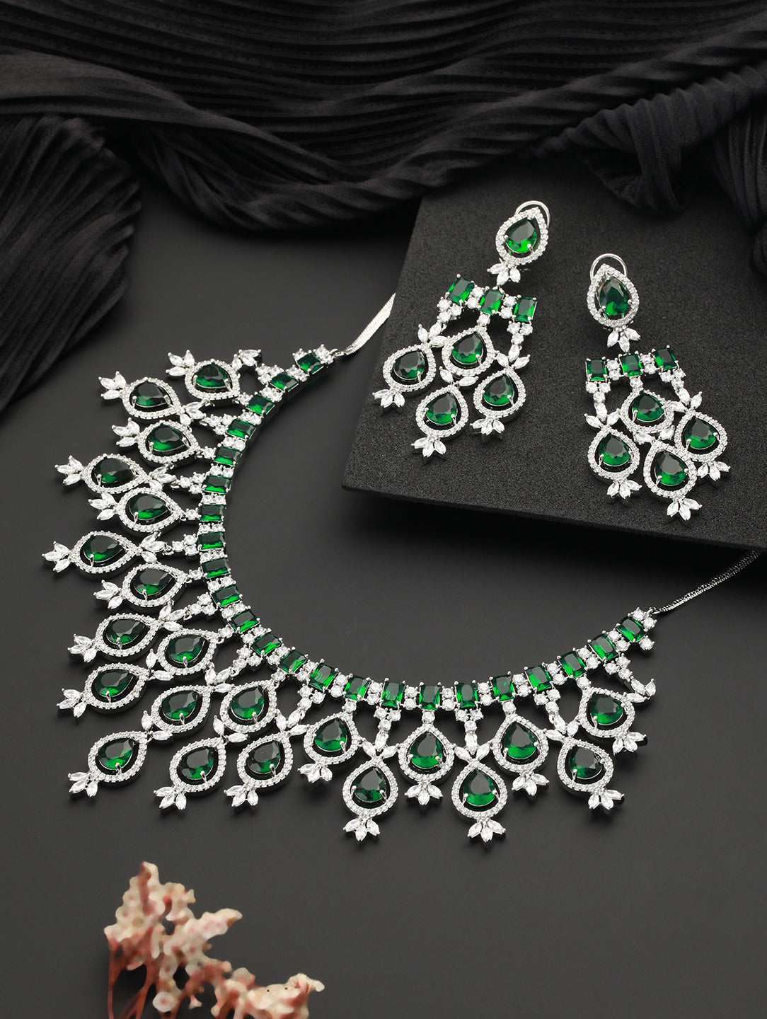 White Rhodium Silver Plated  Green CZ Stone Studded jewellery Set