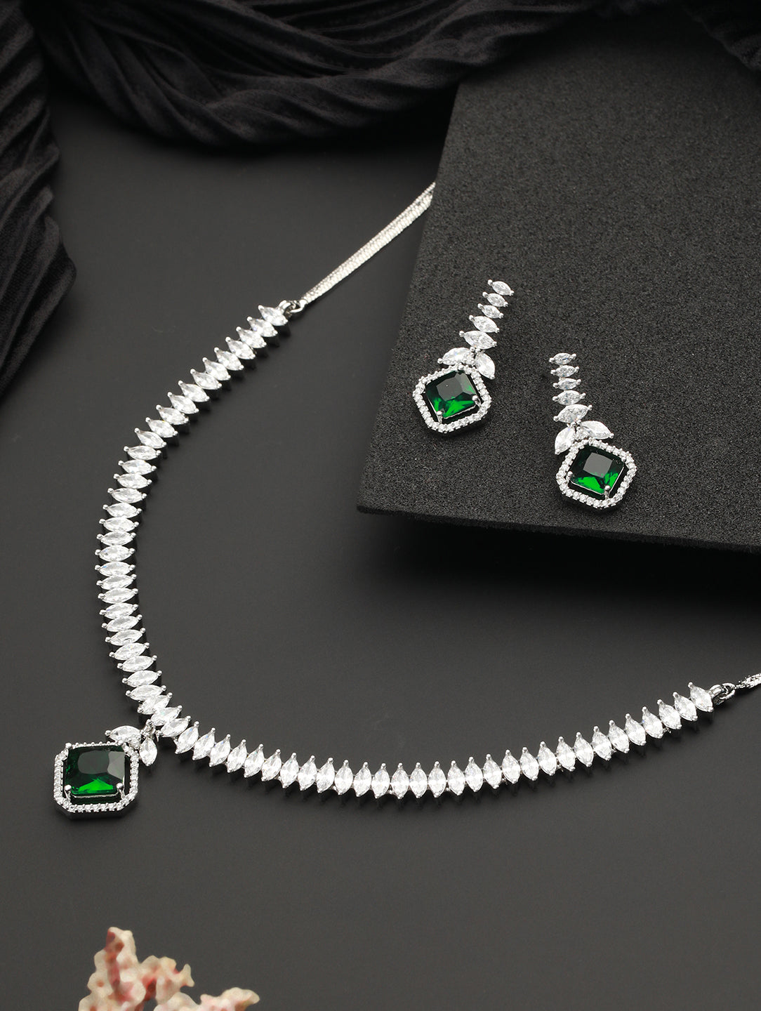 Silver Plated Green CZ Studded Minimal Pendant jewellery Set