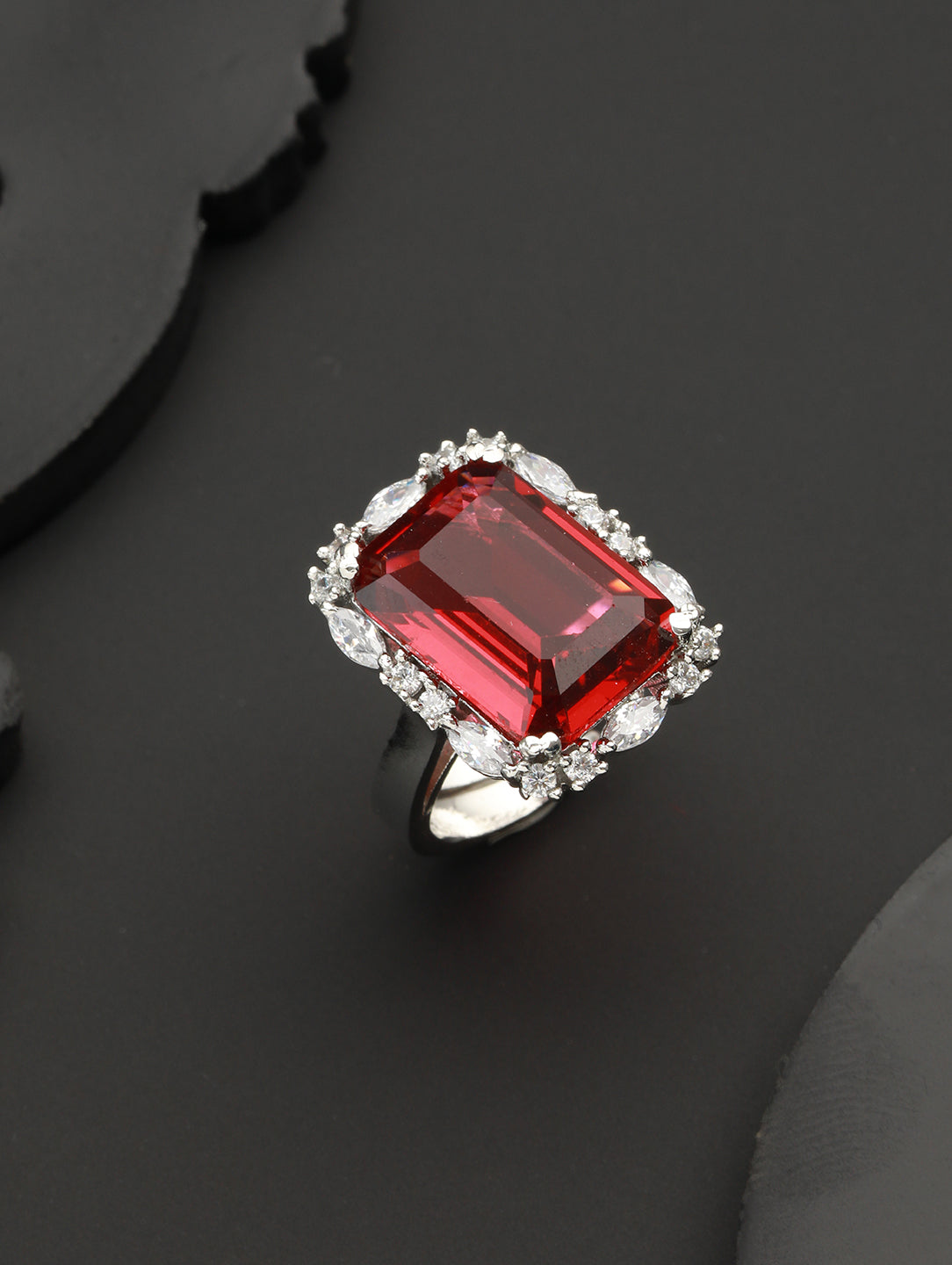 Silver Toned Red Ruby CZ Studded Cocktail Designer Finger Ring