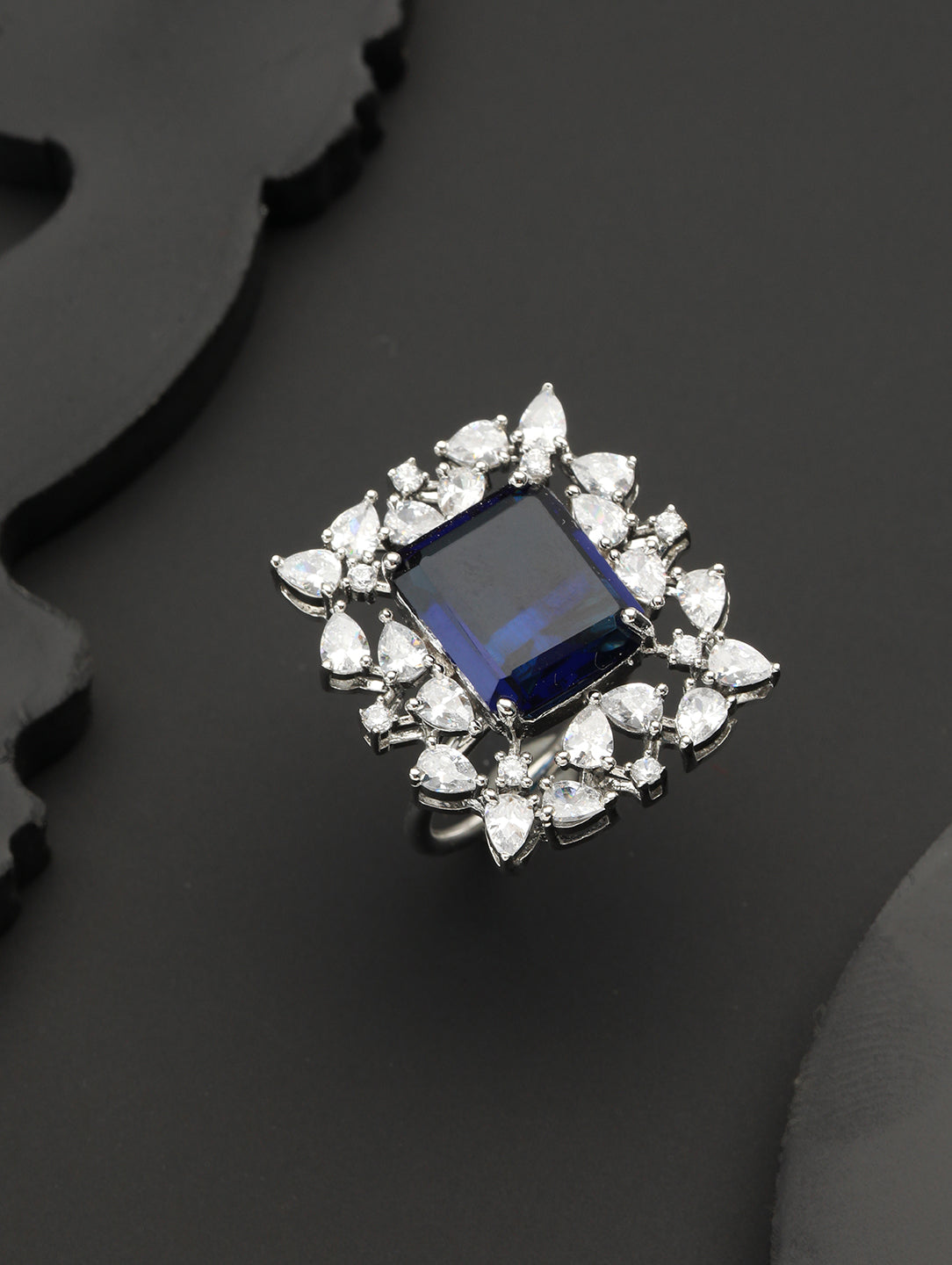 Silver Plated Blue CZ Studded Cocktail Designer Finger Ring