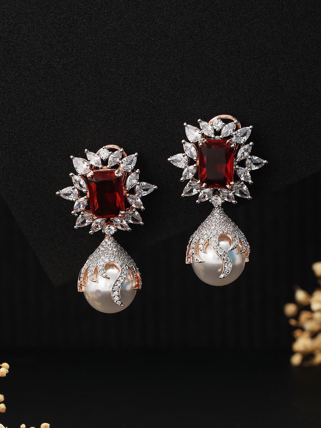Royal Ruby studded pearl drop earrings
