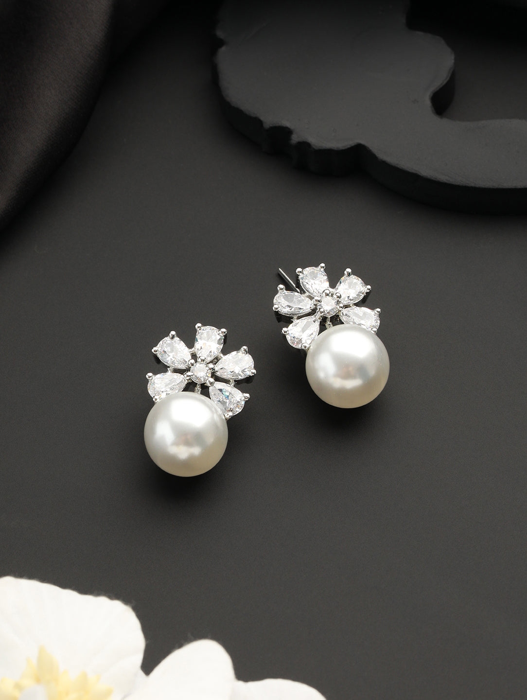 Silver Toned Pearl Beaded Minimal Studs earrings