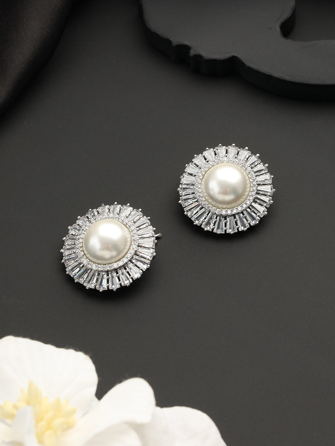 Silver Plated CZ Studded Pearl minimal Studs Earrings