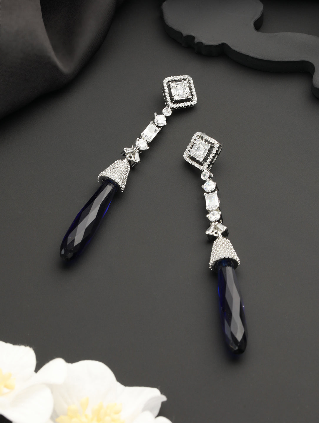 Silver Plated Blue AD Studded Drop statement  Earrings