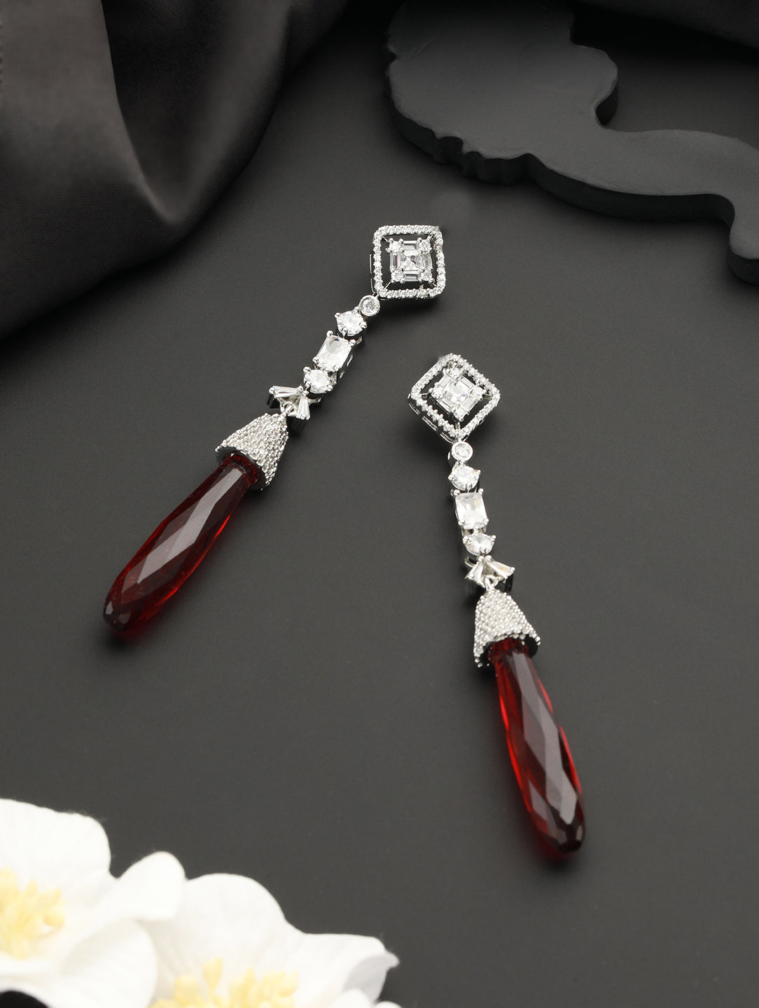 Silver Plated Red AD Studded  Designer Dangler  Earrings